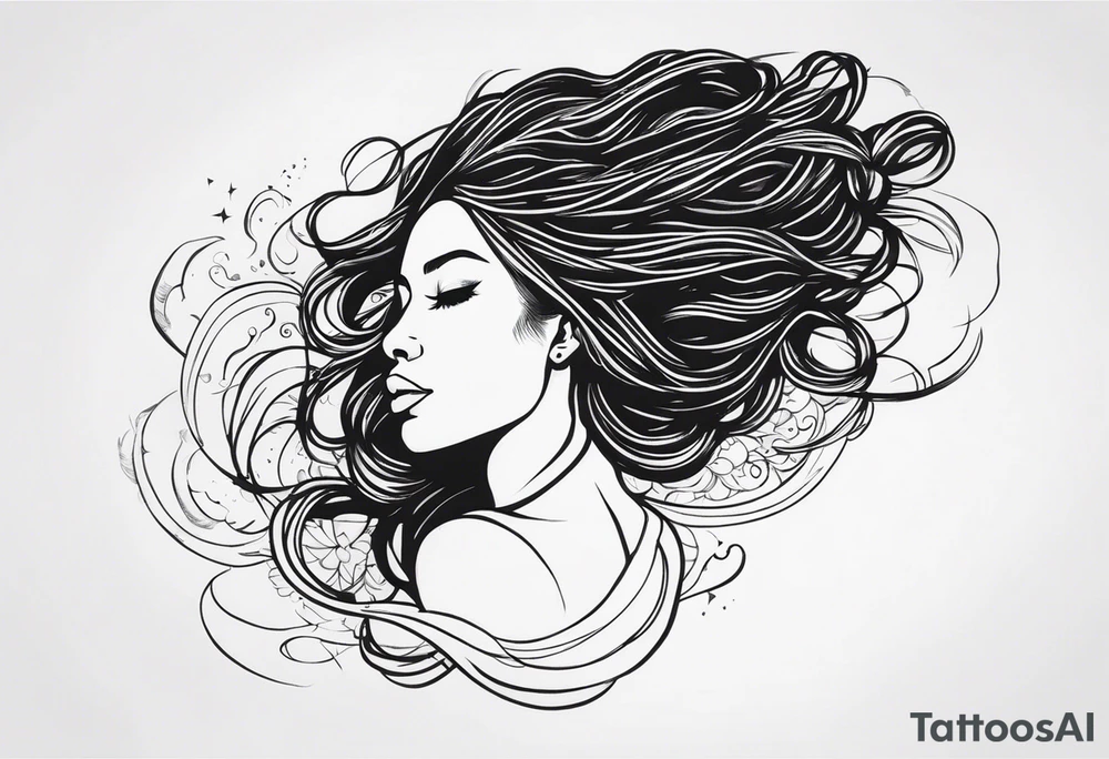 Draw a women head with dread locks flying in the air tattoo idea