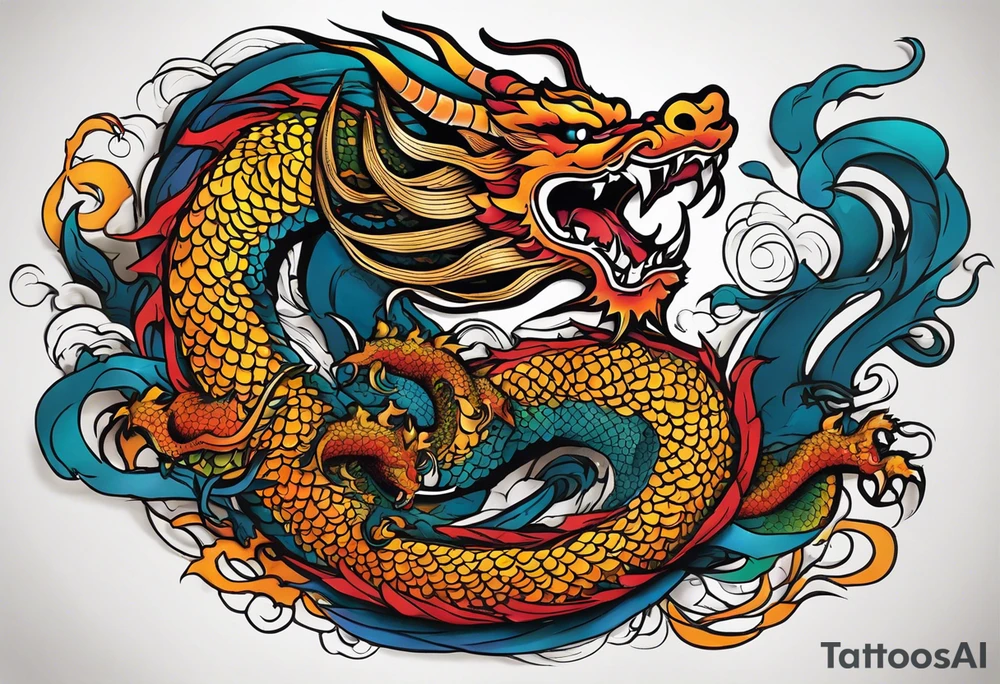 An epic floating asian dragon. Its long body coiling dynamically, with scales and horns detailed to create a sense of movement and strength. The dragon's color is giving a vibrant depth and a mystical aura. This tattoo highlights the dragon’s fierce expression and sharp claws. tattoo idea