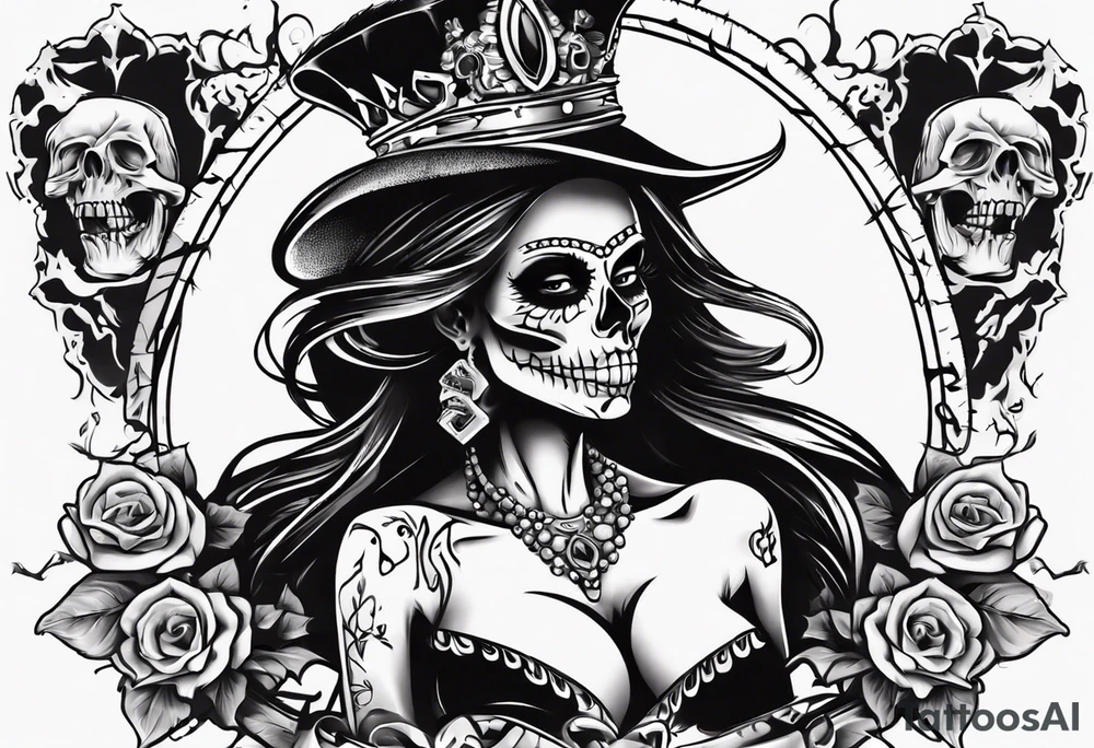 santa la muerta with money and crown
on the card tattoo idea
