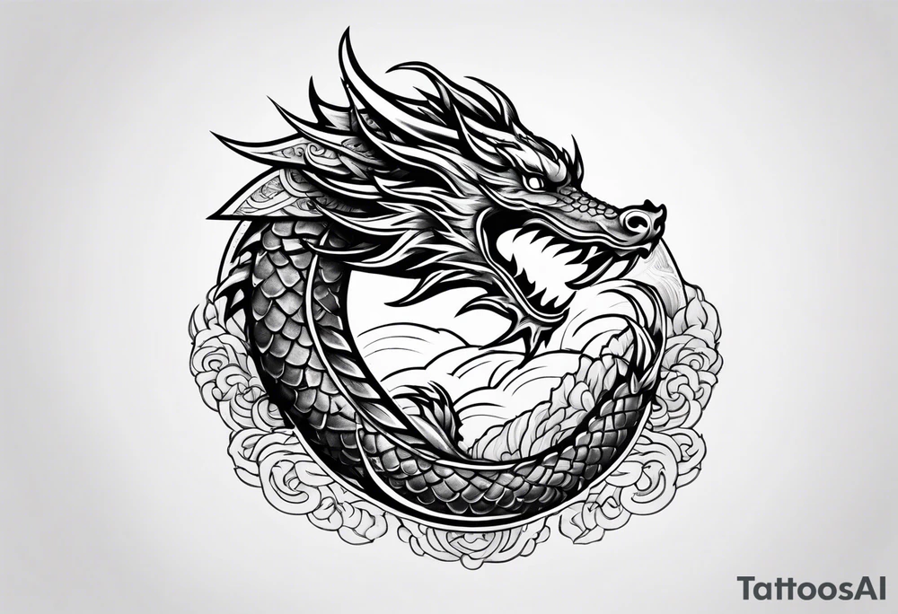 wristband tattoo with dragon, wave, and nature element tattoo idea