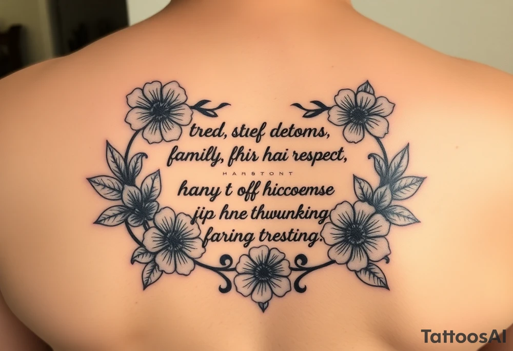 Meaningful quotes that has meanings such as family, love, kindness, fairness, respect, trust, loyalty, humour, honesty, hardworking, thoughtful, sharing and it has some flowers as a background or just around it thats on the lower back tattoo idea