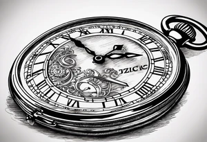 An old pocket watch with Chain and Roman numerals showing the time seven minutes past half two. The lid of the watch must have the zodiac sign Aries engraved on it tattoo idea