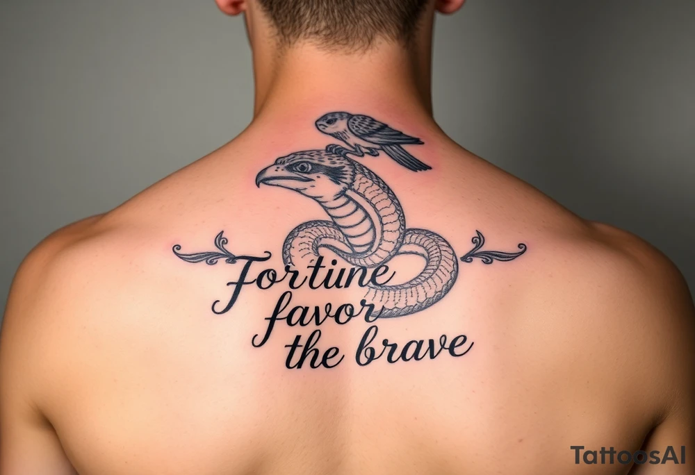 Bird and snake on top of the head with “ fortune favors the brave tattoo idea