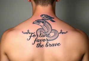 Bird and snake on top of the head with “ fortune favors the brave tattoo idea