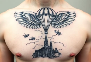 tattoo on the left side of the chest, paratrooper wings in the clouds with mi17 helicopters and paratroopers on their feet and below the church of cyril and methodius from prague tattoo idea