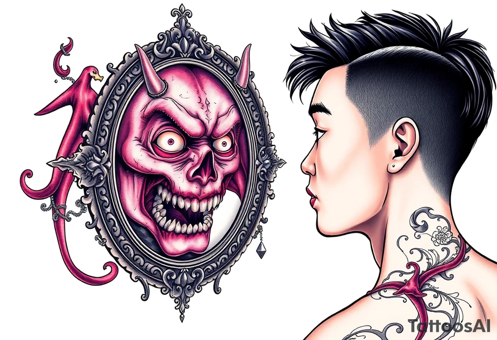 Handsome Asian young guy is looking in cursed mirror and see the evil tattoo idea