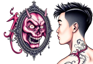 Handsome Asian young guy is looking in cursed mirror and see the evil tattoo idea