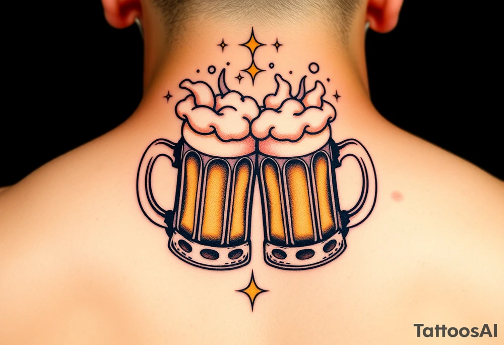 Two clinking beer mugs with foam splashing out, surrounded by soft golden sparkles tattoo idea