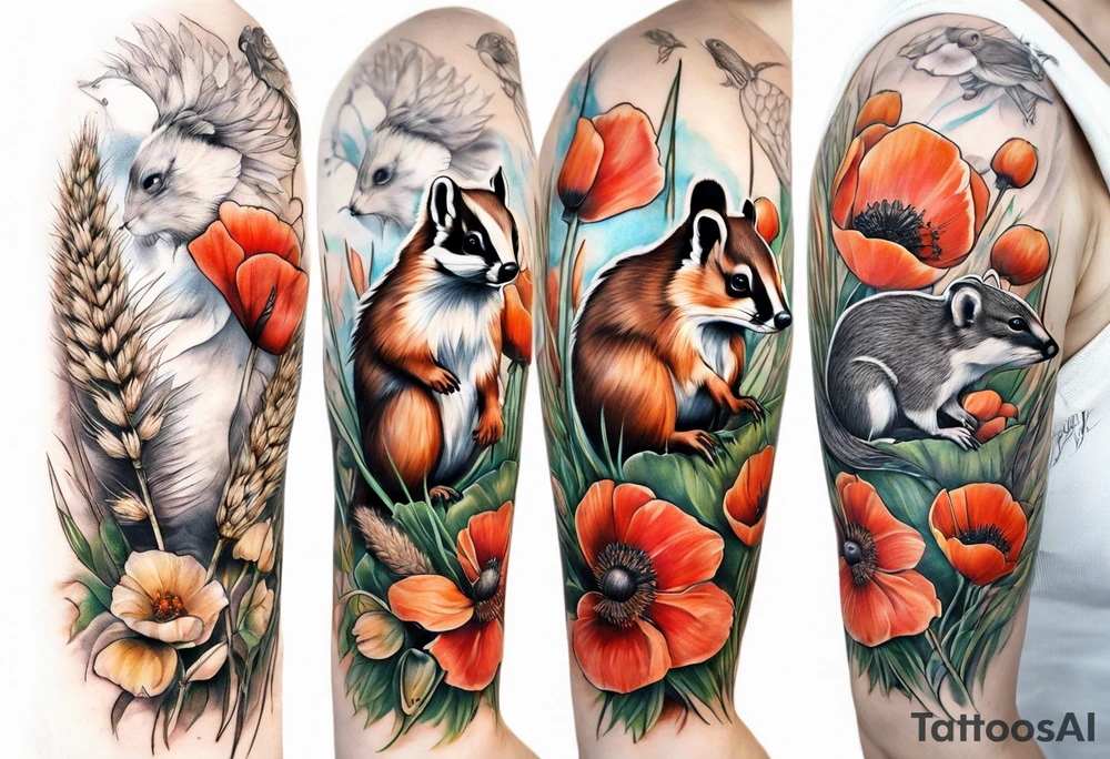 A British wildlife sleeve, with a badger, squirrel, falcon and field mice on with poppys and wheat at the bottom tattoo idea