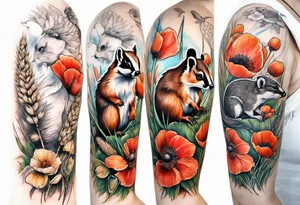 A British wildlife sleeve, with a badger, squirrel, falcon and field mice on with poppys and wheat at the bottom tattoo idea