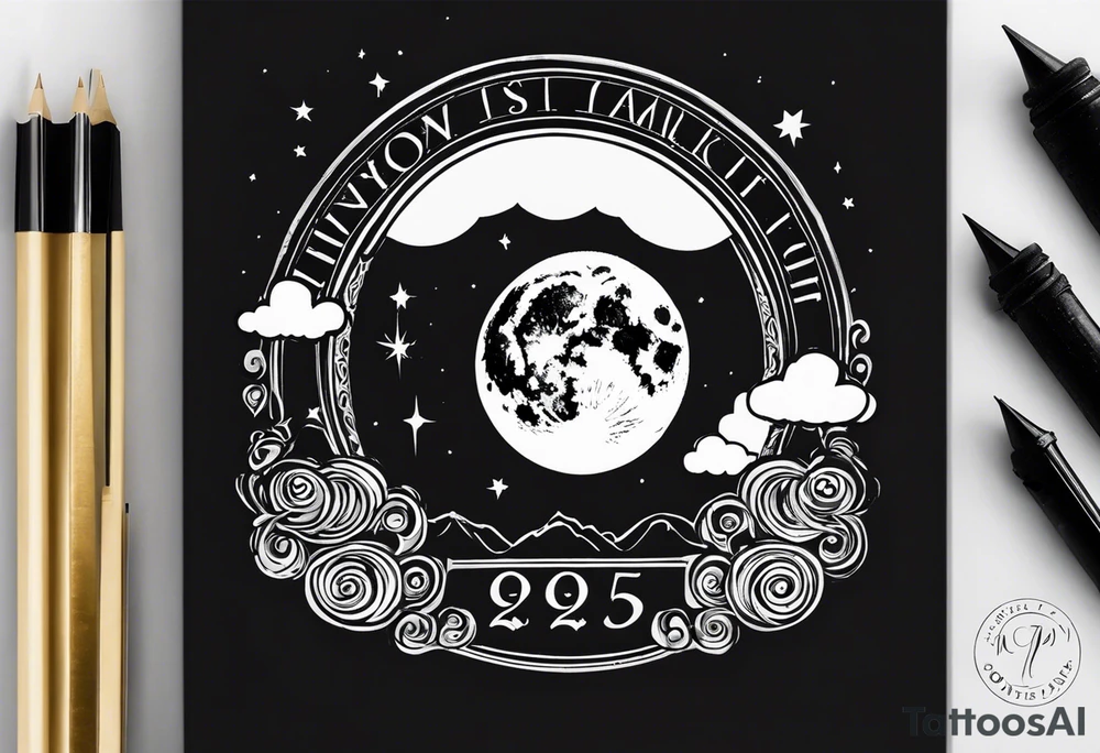 A moon with clouds with the date of my parent’s marriage 12/25/1995 in Roman fount tattoo idea
