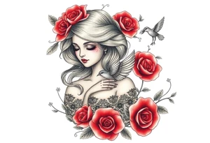 Vintage dollies, red roses, lace, red bird, vintage, wrap around, no person tattoo idea