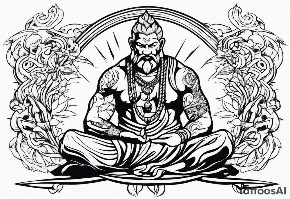 mindful savage man in ritual pose tattoo idea