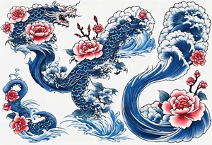 Japanese floral cherry blossom and irezumi back ground in blue porcelain China filler for traditional Chinese dragon and great waves and rose and butterfly tattoo tattoo idea