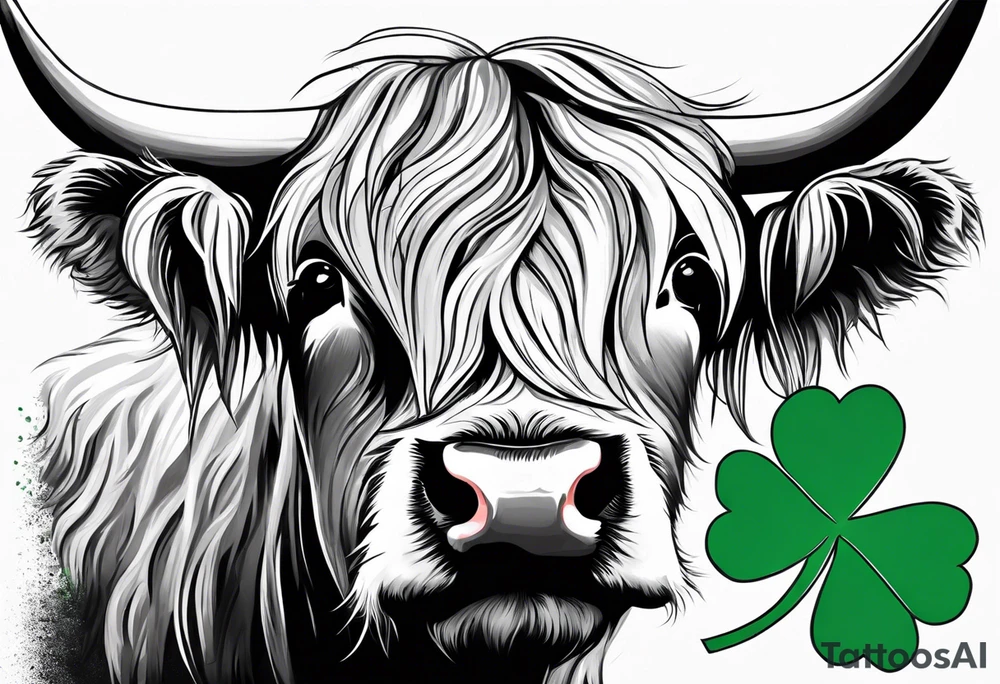 A highland cow that has a bandana with a shamrock around its neck is riding on the back of Nessie tattoo idea