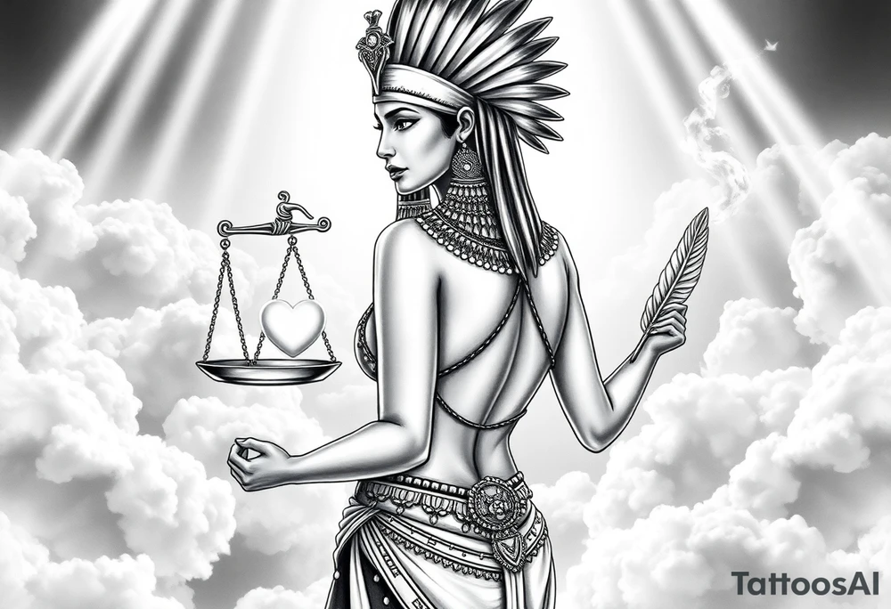 beautiful Egyptian goddess stands with her back slightly turned, accentuating her figure. She wears an elaborate ostrich feather headdress and ornate, intricate ancient Egyptian jewelry draped across her body. Her expression is mysterious and confident. In one hand, she holds the Scales of Justice: one side holds a radiant, glowing heart; the other, Ma’at’s feather. The scales themselves shimmer with an otherworldly light.
The background is a surreal, heavenly landscape filled with luminous clouds and beams of divine light piercing through, creating dramatic contrasts of deep shadows and highlights. The entire scene is bathed in an ethereal, mystical glow, with a dreamlike, almost supernatural atmosphere. tattoo idea