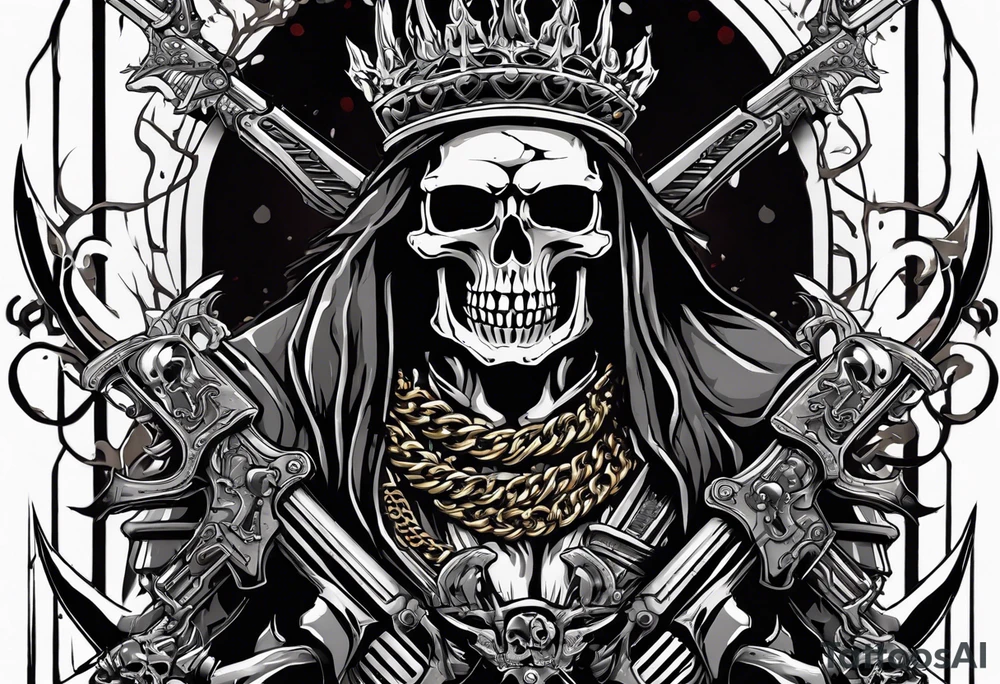 image of a skeleton standing frontally with a crown on his head, holding an AK-47 on his shoulder with his right hand. The chain on the left should be taut, there are three angry barking Dobermans in it, near the waist tattoo idea