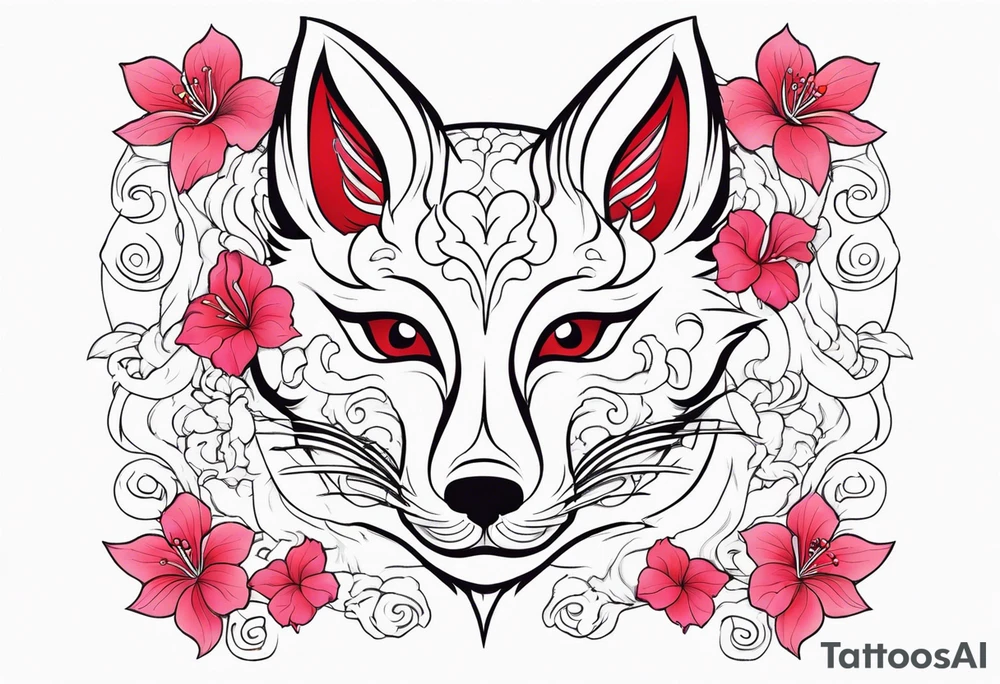 White japanese mask that looks like a kitsune with red accents and pink hibiscus flowers and vines surrounding it tattoo idea
