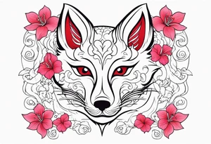 White japanese mask that looks like a kitsune with red accents and pink hibiscus flowers and vines surrounding it tattoo idea