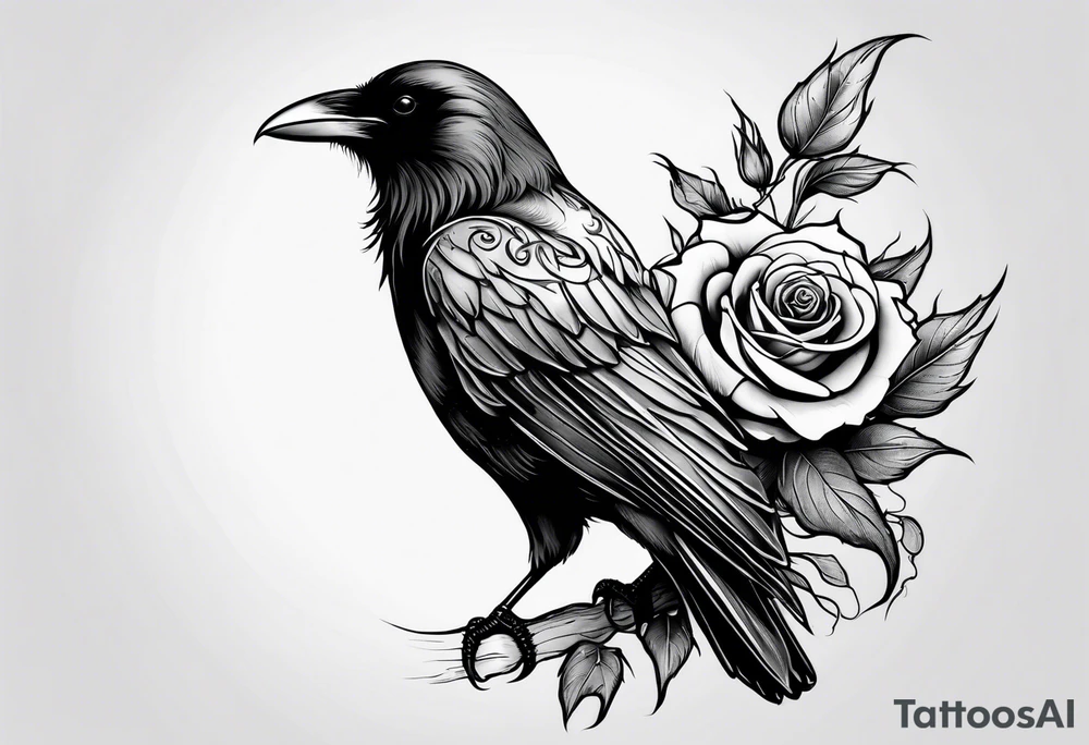 Raven holding  rose   by stem tattoo idea