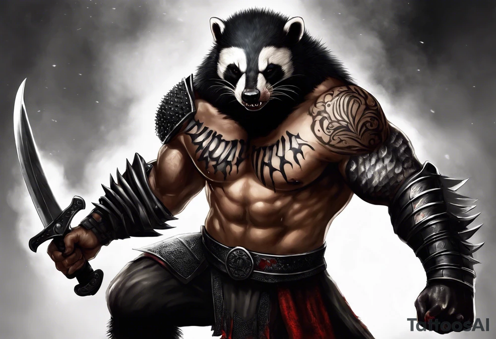 Draw me psychopath Honey Badger/Berserker with aggressive full body, killer face with a scary smile, very long nails and he attacks like a Bloody Assassin/Warrior/Gladiator to us and also, he has very deadly looking. He fights with his nails. Everybody scares after their first sight. Give me horror type Badger Tattoo. I want to see his Realistic full body with no weapons. You can show destruction. tattoo idea