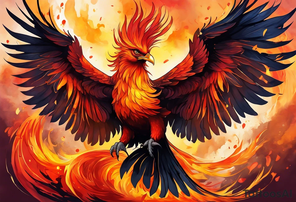 beautiful phenix, rising from fire and ash, signaling rebirth, renewal, beautiful, intricate, orange, red, deep red, bright orange, light yellow,. dark yellow, tattoo idea