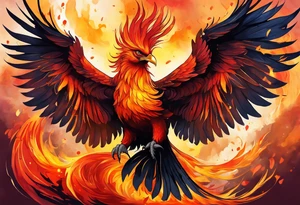 beautiful phenix, rising from fire and ash, signaling rebirth, renewal, beautiful, intricate, orange, red, deep red, bright orange, light yellow,. dark yellow, tattoo idea
