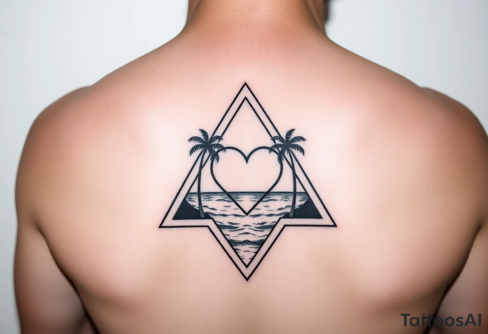 A triangle with a heart in the center and a ocean with palm trees in background tattoo idea