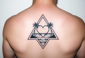 A triangle with a heart in the center and a ocean with palm trees in background tattoo idea