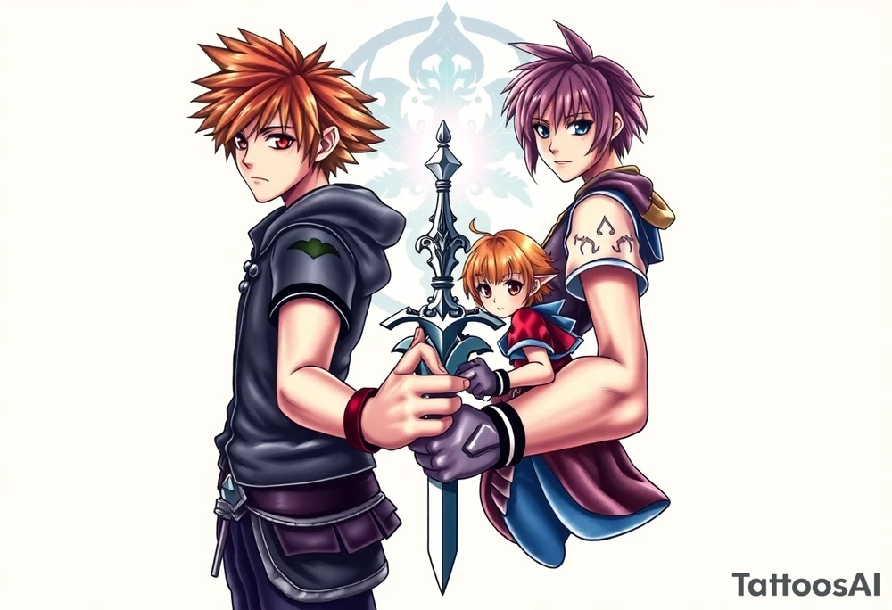 Exact Kingdom Hearts design featuring sora, kairi, riku together in a dynamic, united pose. The centerpiece should include the soras Keyblade, with a beautiful and ethereal dark Kingdom Hearts-inspired background—think glowing stars, floating islands, and stained-glass elements in backroung. The design should capture themes of friendship, light vs. darkness, and adventure. Style should be detailed, fantasy-oriented, and suitable for a large piece tattoo idea