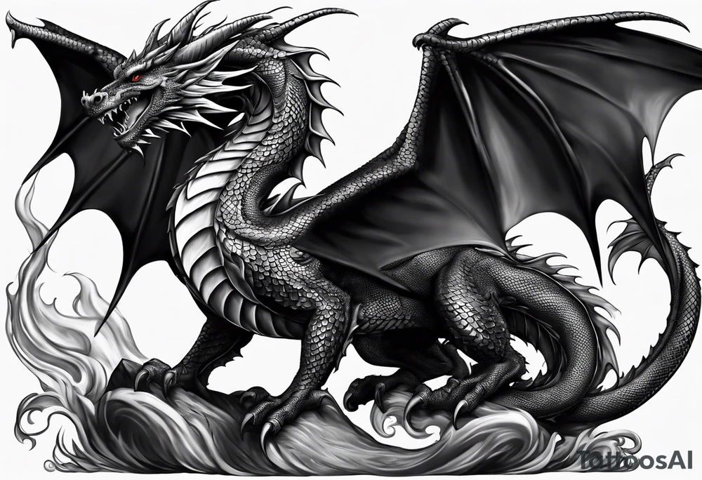 a medieval and powerfull  black dragon, fling tattoo idea