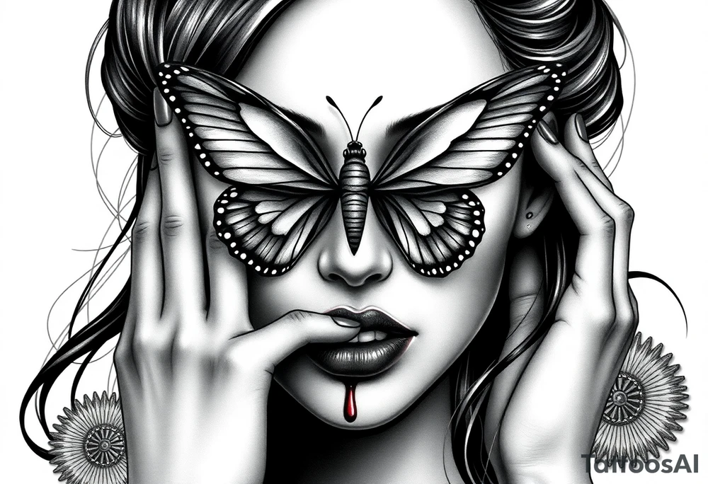 Black and grey realism tattoo design of a beautiful woman's face. And a butterfly landing g on her on the upper bridge of her nose so that the lower wings of the butterfly is covering both her eyes  the butterflys right lower wing is covering her right eye and the lower left of the butterfly wing is covering her left eye  (see no evil), she is bitting on her lip hard to where it is bleeding bright red(speak no evil). Wuth her left hand iver her left ear and her right hard over her right ear ( hear no evil )The style is black and grey realism, hyper-realistic, dark, and evil. Incorporate ninja gear elements and mechanical details (gears) subtly into the background or clothing for a gear ninja evil look. Design for a full forearm sleeve placement tattoo idea