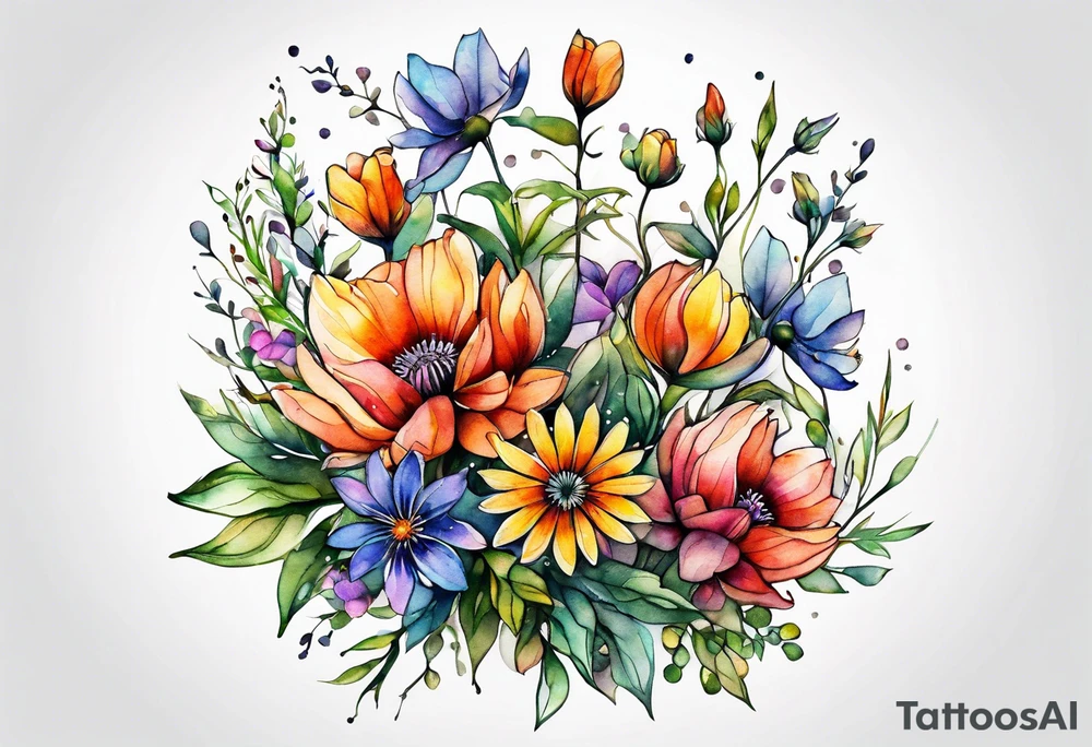 wild flowers long stems bouquet all watercolor tattoo idea