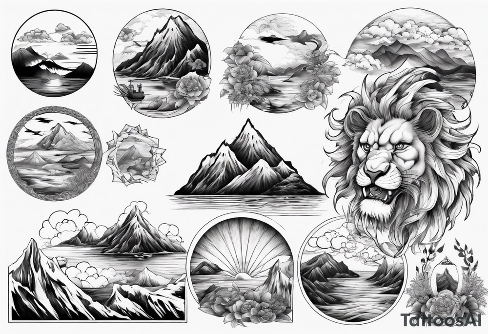 lion in a mountain and sea landscape tattoo idea