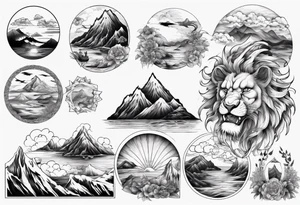 lion in a mountain and sea landscape tattoo idea