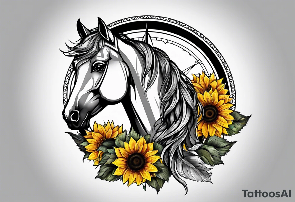 Horse, compass, sunflower tattoo idea