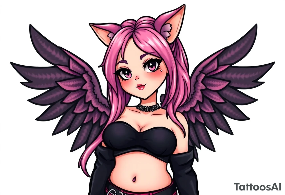 hot goth girl with puppy ears and with piercings on face and big boobs and big butt full body 
 with black outfit on with pink hair tattoo idea