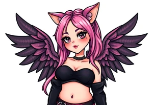 hot goth girl with puppy ears and with piercings on face and big boobs and big butt full body 
 with black outfit on with pink hair tattoo idea