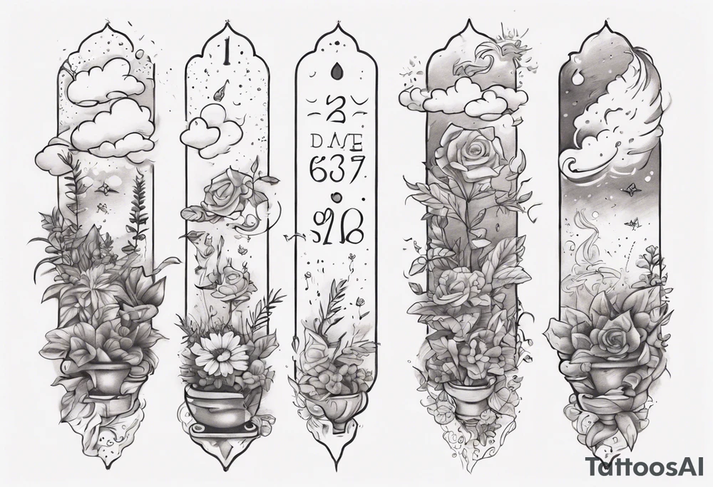 a forearm tattoo with a cloud with little plants and underneath it the date 12.08.05 tattoo idea