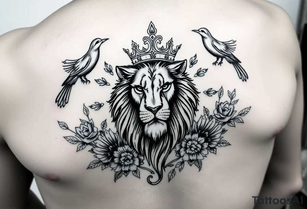 powerful majestic lion with a crown, surrounded by floral ornaments and birds tattoo idea