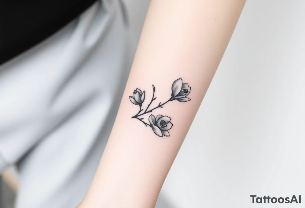 Branch with few magnolia flowers, in different blossom stages with botanical details tattoo idea