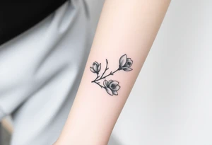 Branch with few magnolia flowers, in different blossom stages with botanical details tattoo idea
