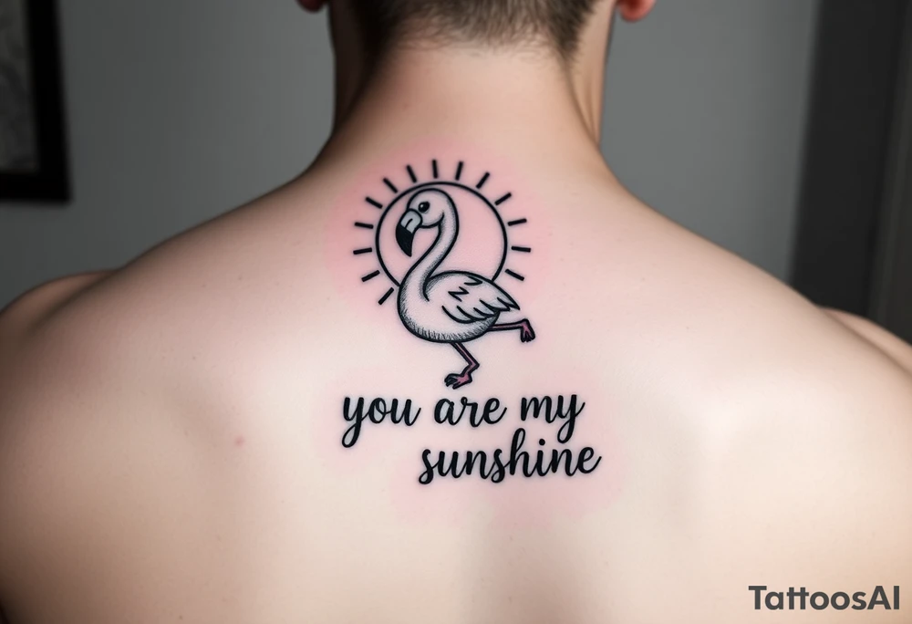 Cute cartoonish Flamingo with a sun and the saying you are my sunshine with colors tattoo idea