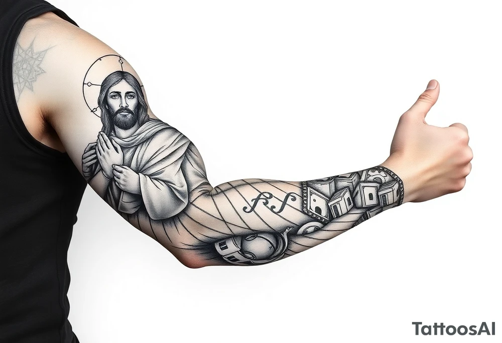 russian orthodox christian left arm tattoo with jesus & orthodox st basils setting tattoo idea