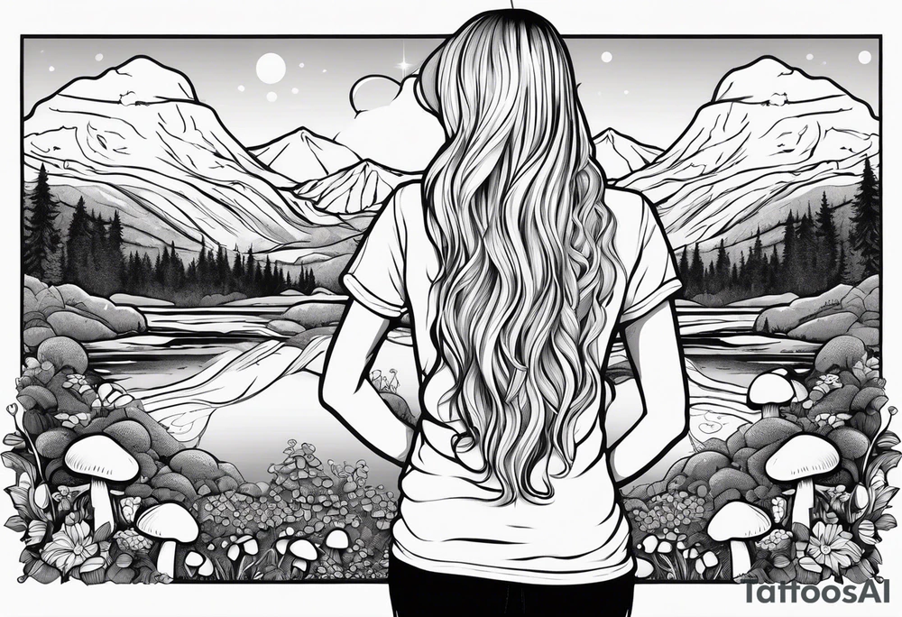 Straight long blonde hair hippie girl in distance holding mushrooms in hand facing away toward mountains and creek surrounded by mushrooms tee shirt and hiking pants

Entire tattoo encircled tattoo idea