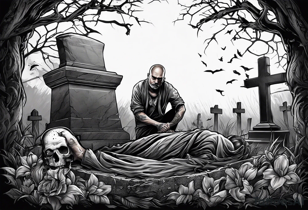 Man crawling out of grave. 
MIW Reincarnate written on gravestone tattoo idea