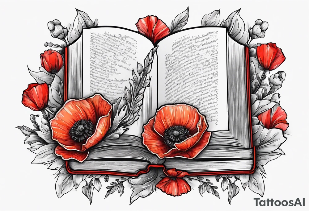 A dagger through a book surrounded by poppy flowers tattoo idea