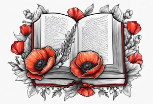 A dagger through a book surrounded by poppy flowers tattoo idea