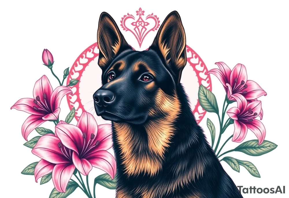 realistic german shepherd with alert ears looking protective surrounded by pink lilies with leaves in front of a sacred heart tattoo idea
