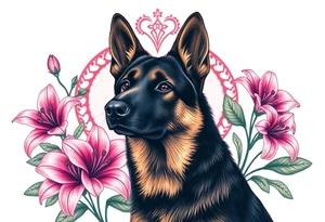 realistic german shepherd with alert ears looking protective surrounded by pink lilies with leaves in front of a sacred heart tattoo idea